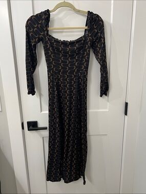 Reformation Black and Brown Long-Sleeve Square Neck Midi Dress